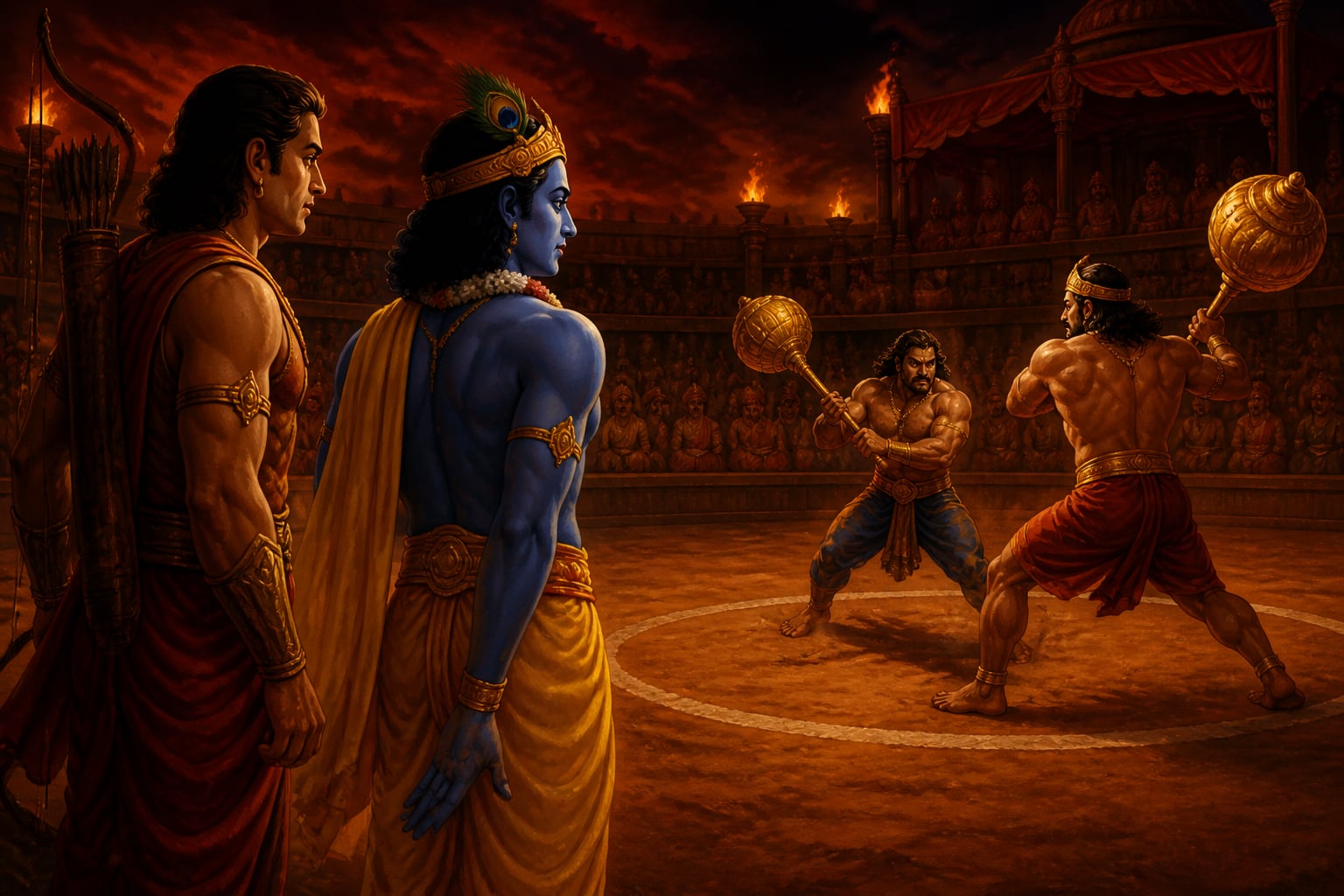 Krishna's hand touches his thigh, signalling Bhima