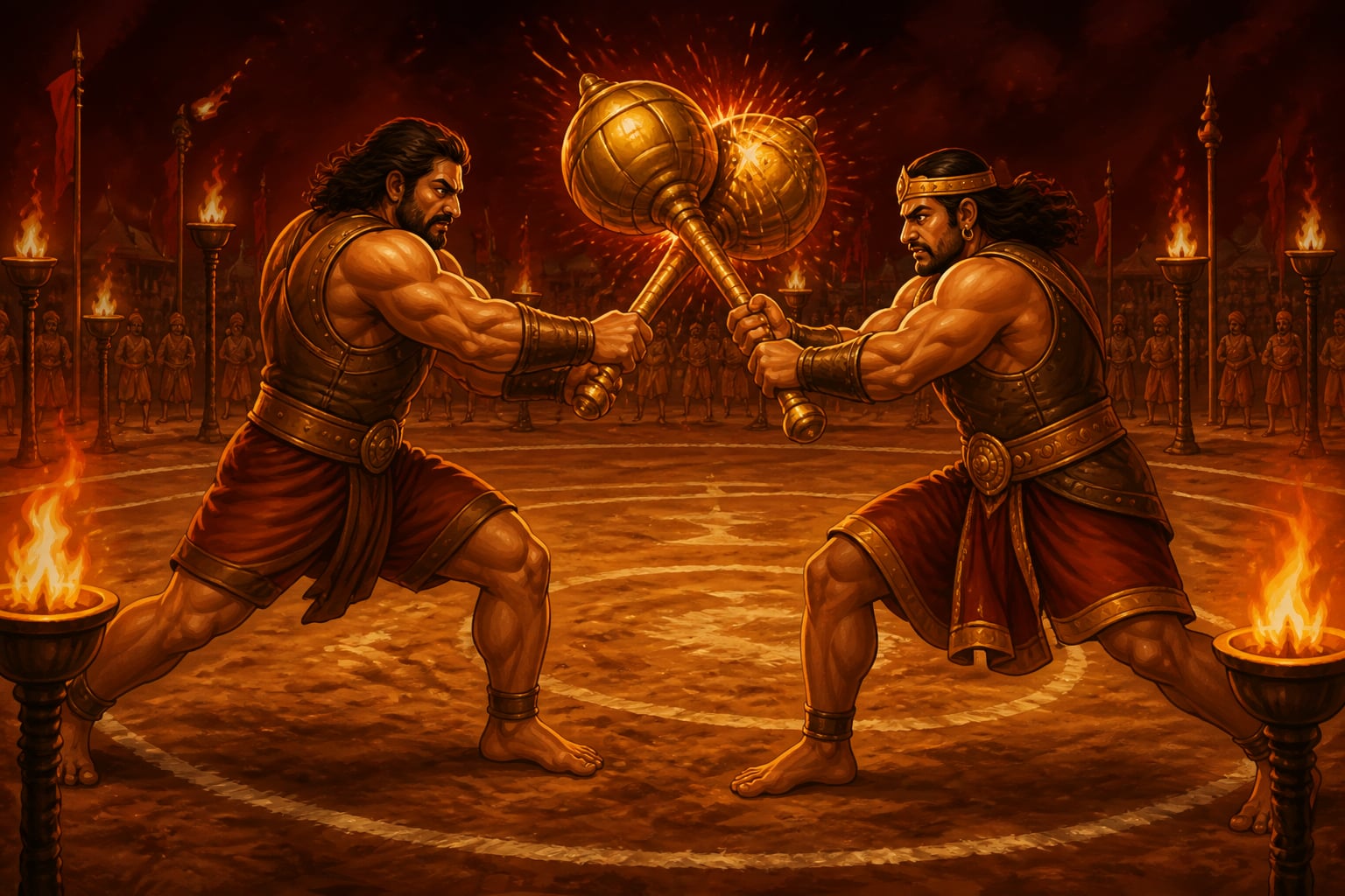 Bhima and Duryodhana exchange the formal patterns of mace combat