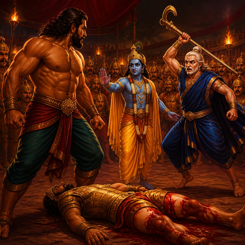 Balarama, face contorted in fury, raises his great plough weapon high in the torchlit duelling circle as Krishna steps calmly between his brother and Bhima beyond Duryodhana's fallen body, the surrounding warriors frozen in shocked silence.
