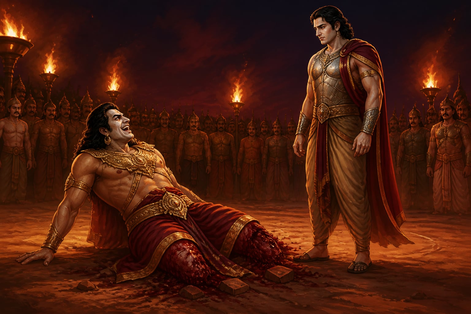 Duryodhana laughs defiantly from the ground at Yudhishthira