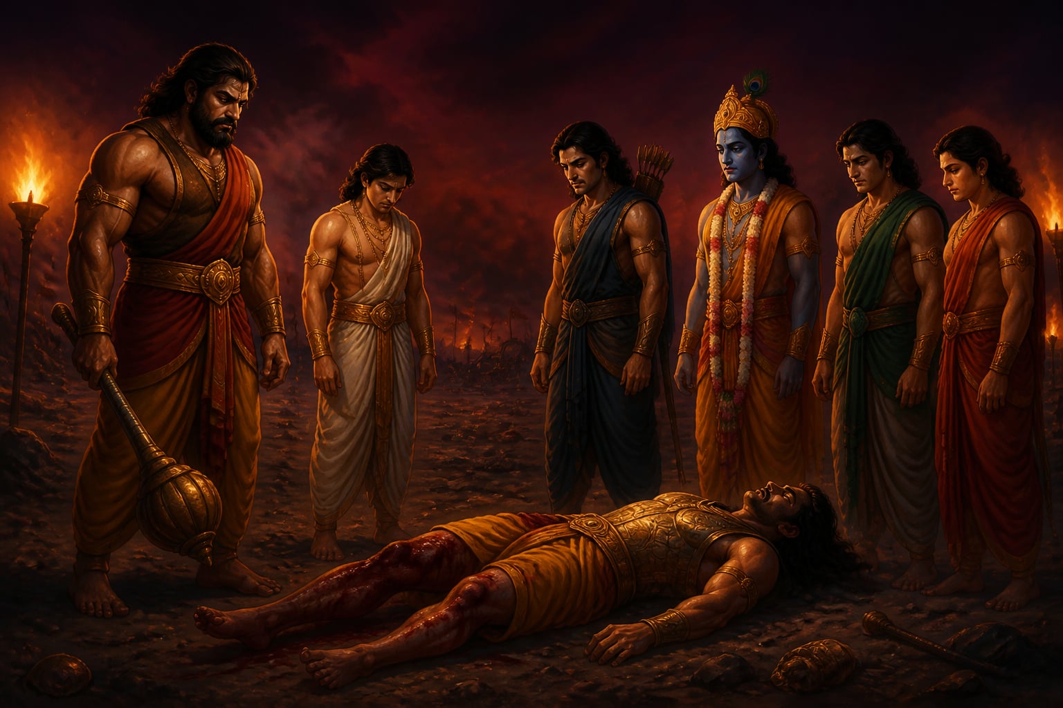 The Pandavas stand as hollow victors around the fallen Duryodhana
