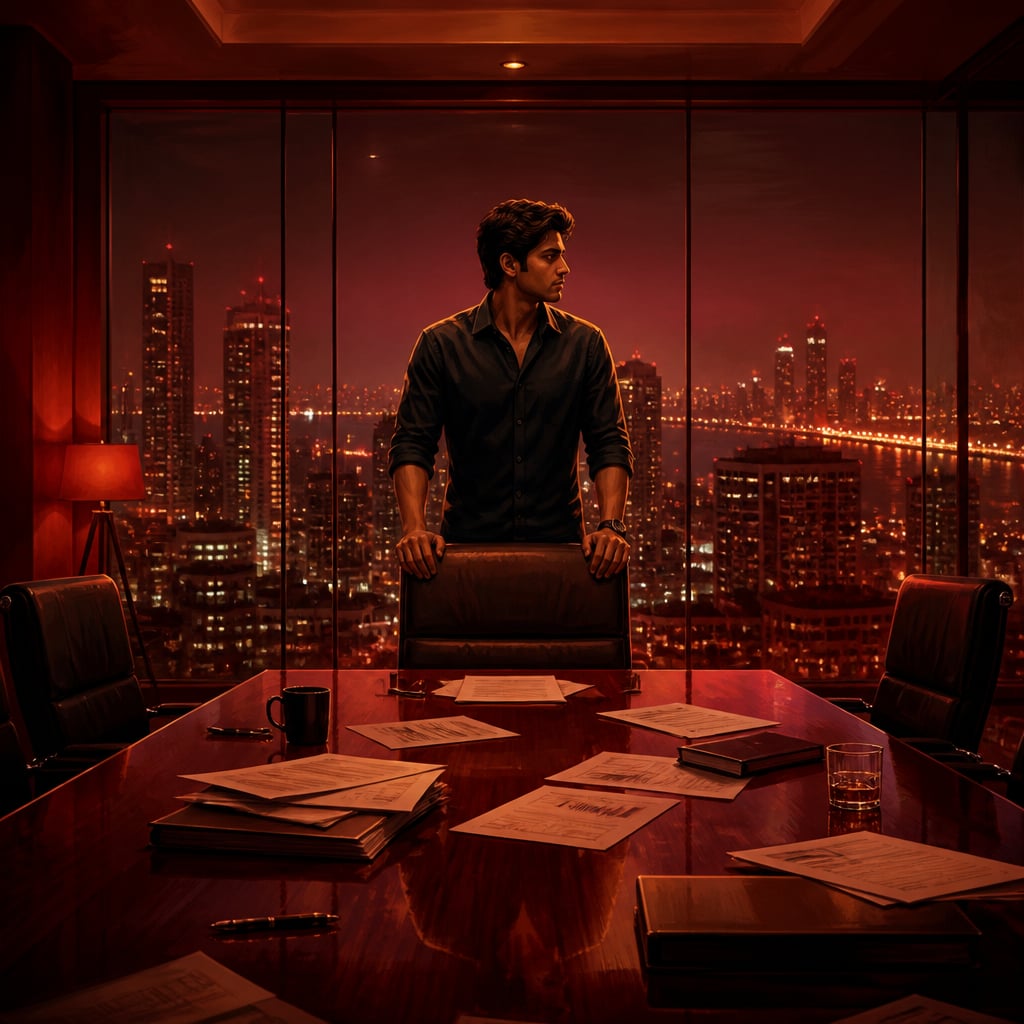 A young Indian executive in a dark business shirt stands alone in an empty glass-walled Mumbai boardroom late at night, hands resting on the back of the head chair, gazing out at city lights with a composed and unsettled expression.