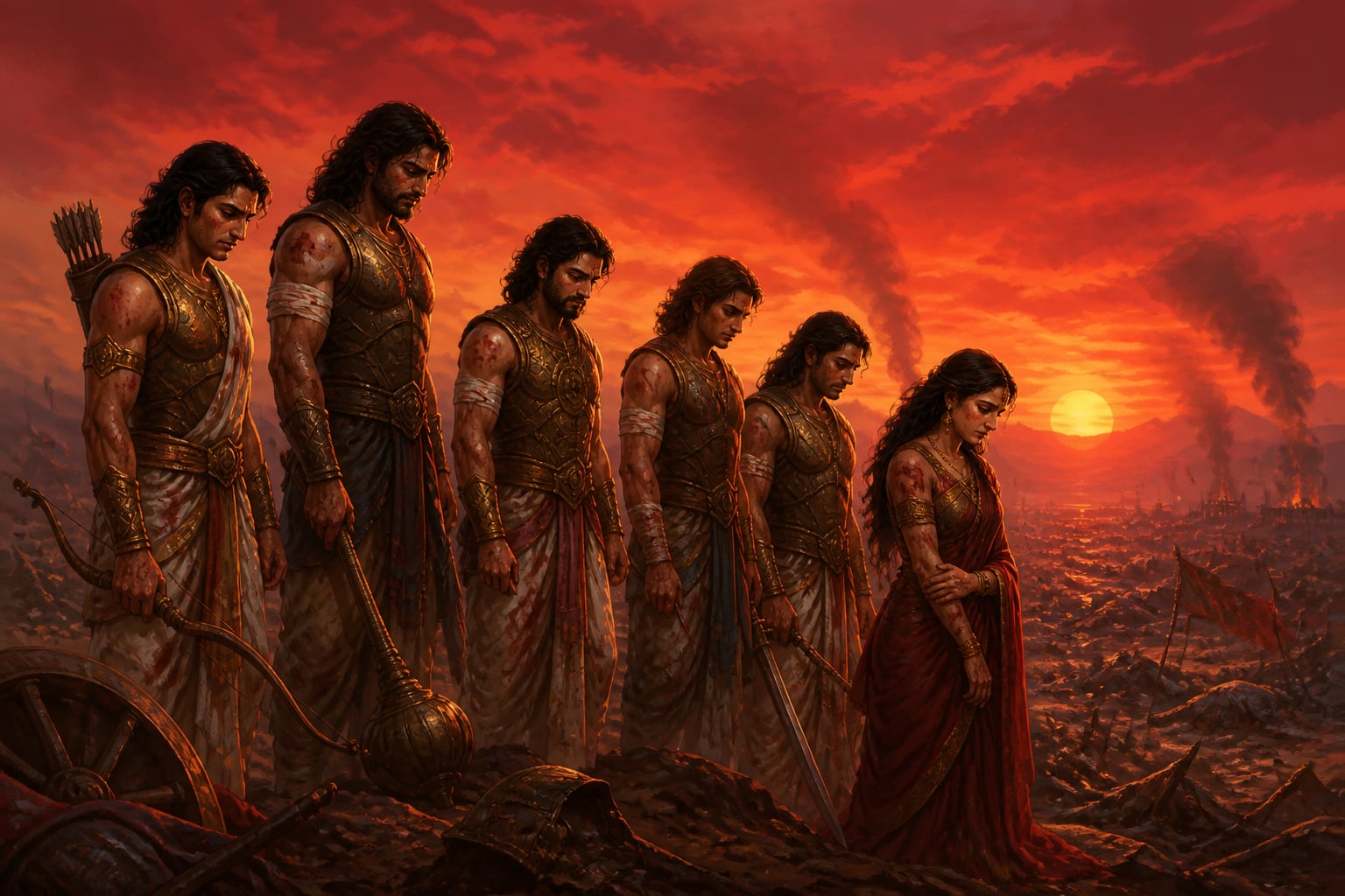 The Pandavas stand on the cratered Kurukshetra battlefield at dawn
