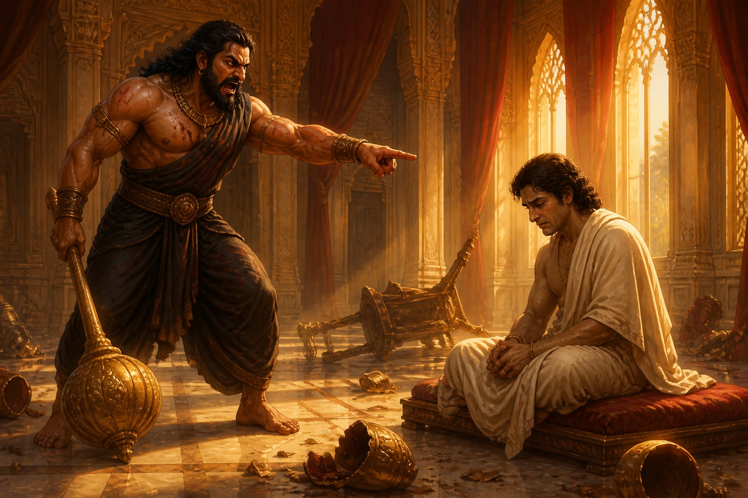 Bhima storming in to confront Yudhishthira's renunciation