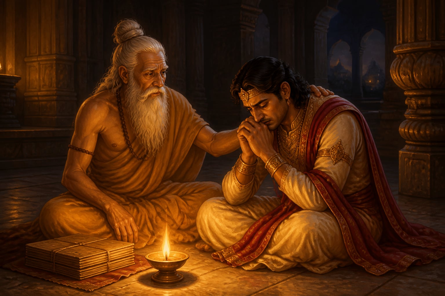 Vyasa sitting beside the despairing Yudhishthira