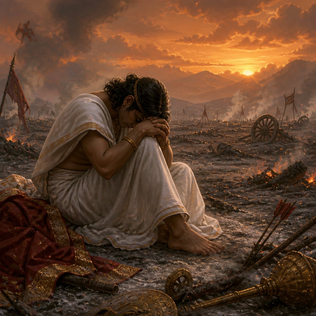 Yudhishthira sits alone in grief on the ash-covered battlefield of Kurukshetra at twilight.