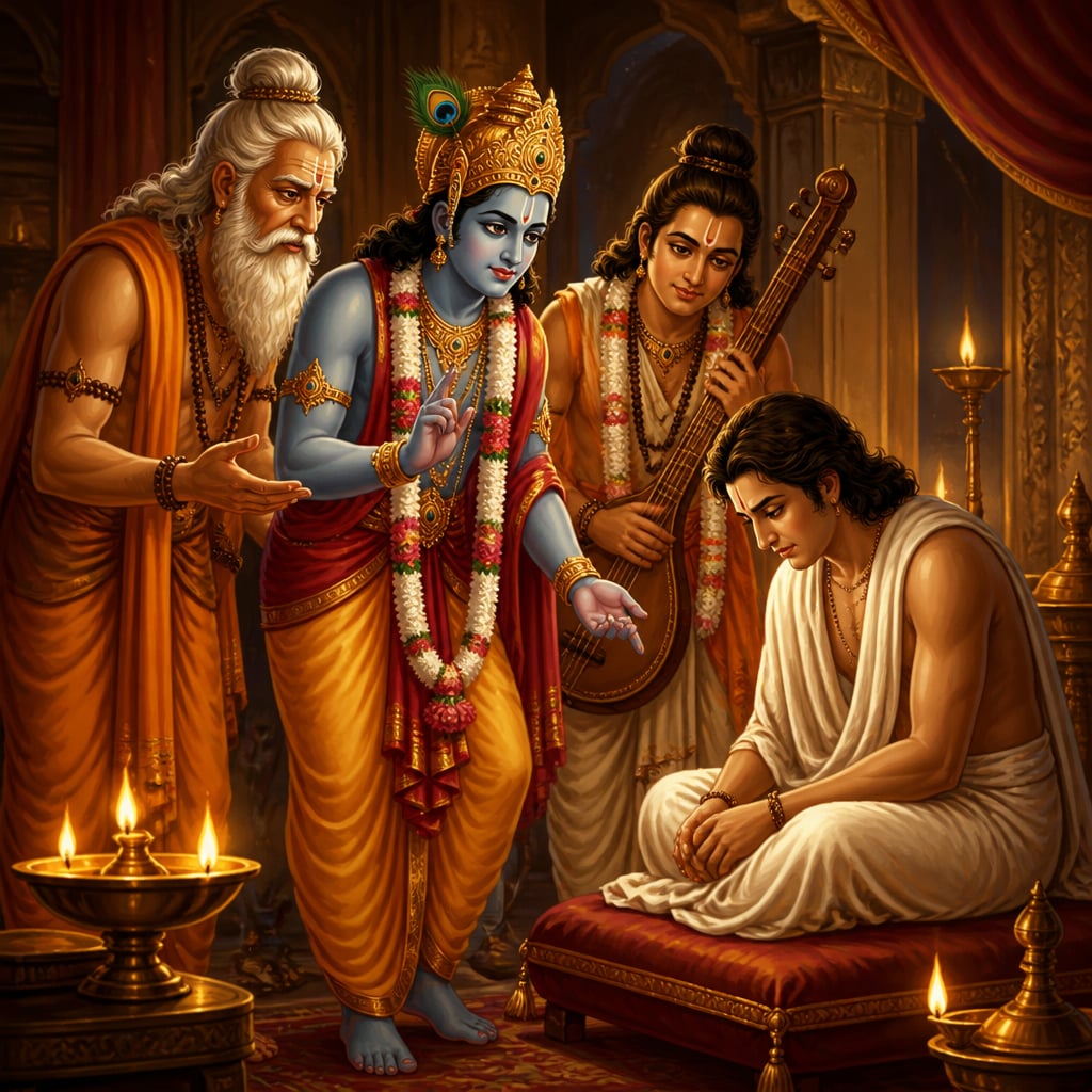 Krishna, Vyasa, and Narada stand in grave counsel before a hunched Yudhishthira in the dim palace chamber.