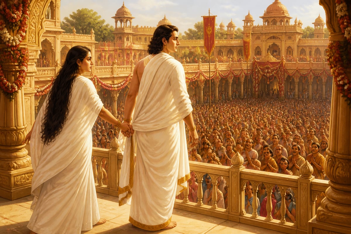 Draupadi leading Yudhishthira to see the waiting people