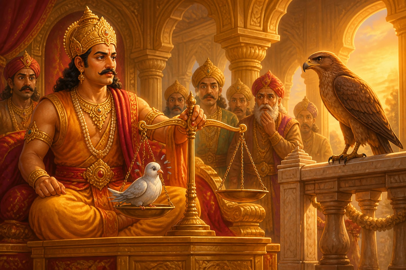 King Shibi cutting flesh from his thigh to save the dove