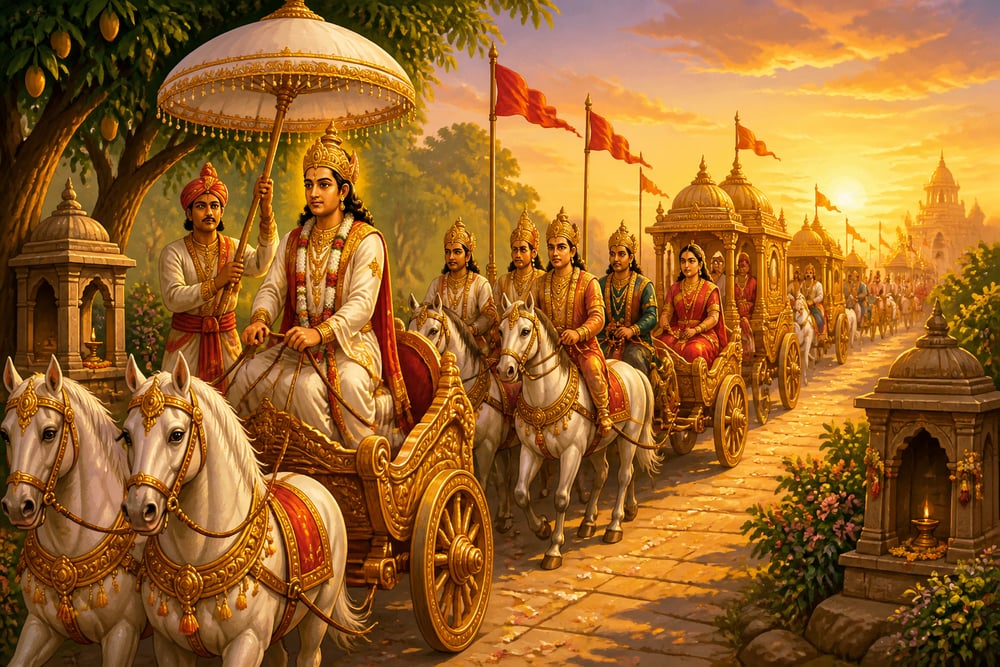 The royal procession setting out for Kurukshetra at dawn