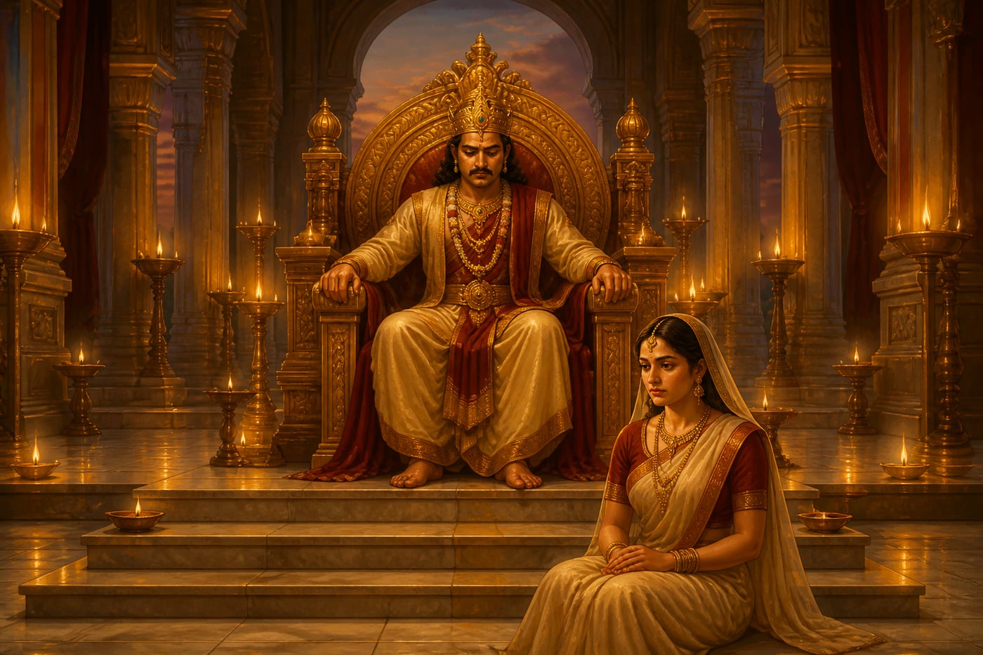 Yudhishthira alone on the empty throne with Draupadi at the steps