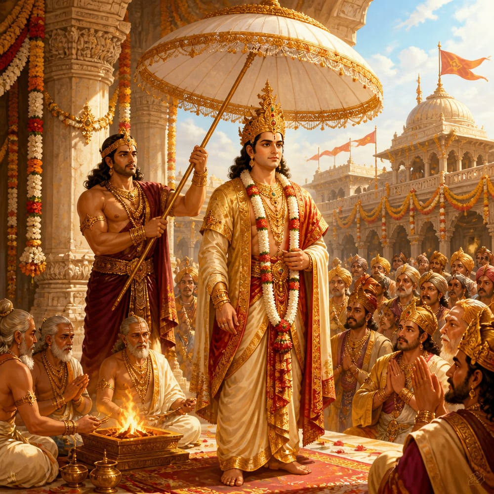 Bhima raises the great white royal umbrella over the freshly crowned Yudhishthira in the marble courtyard.