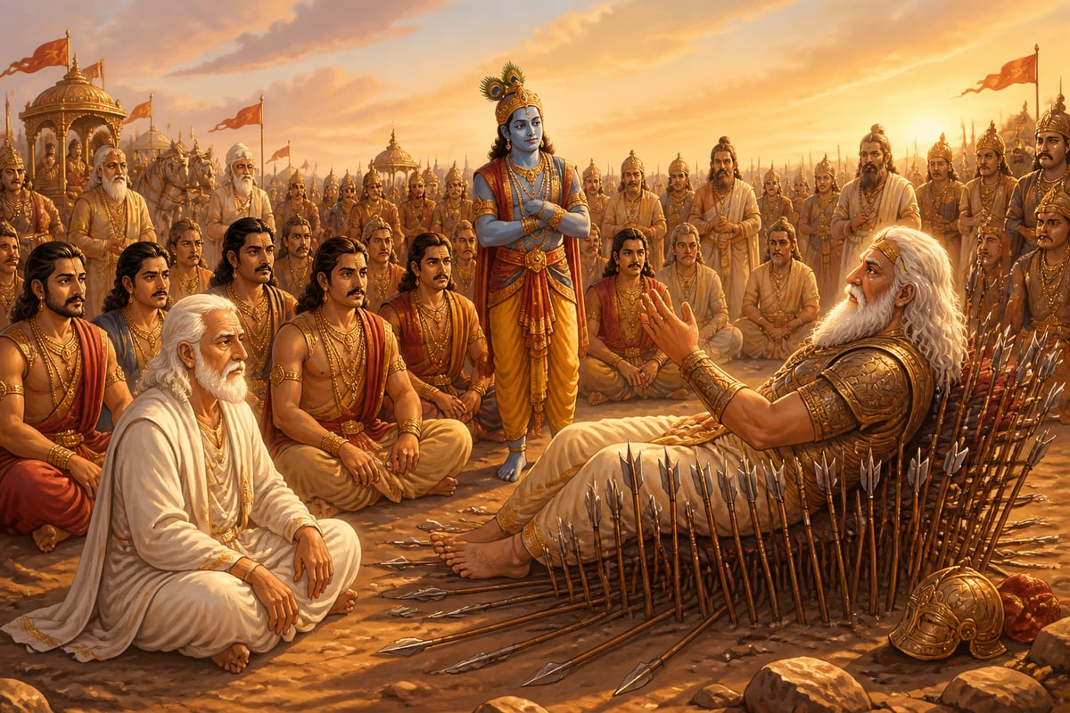 Vidura, Krishna, and ministers gathering to listen at the arrow-bed