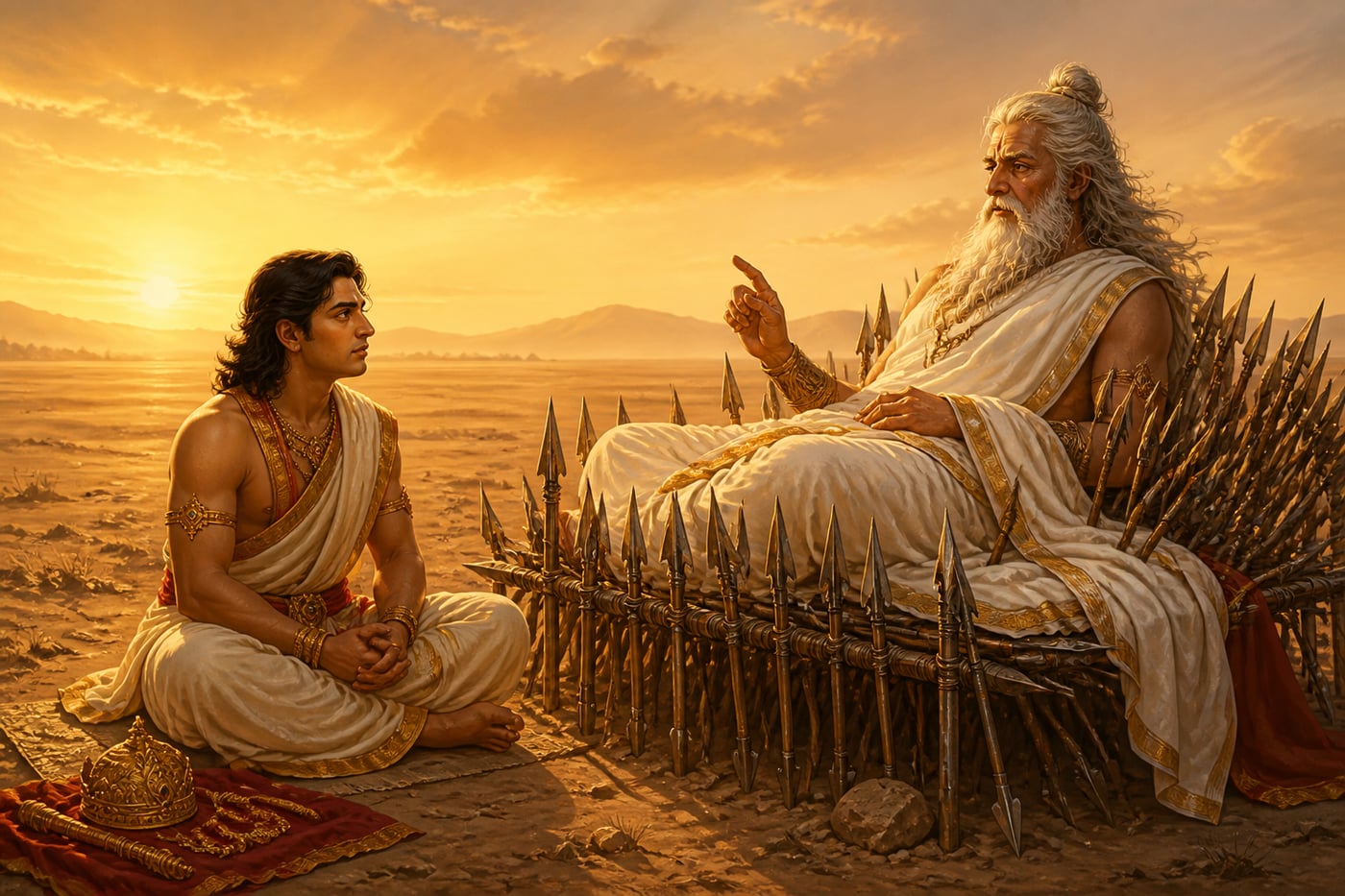 Yudhishthira sitting on the bare ground asking Bhishma his first questions