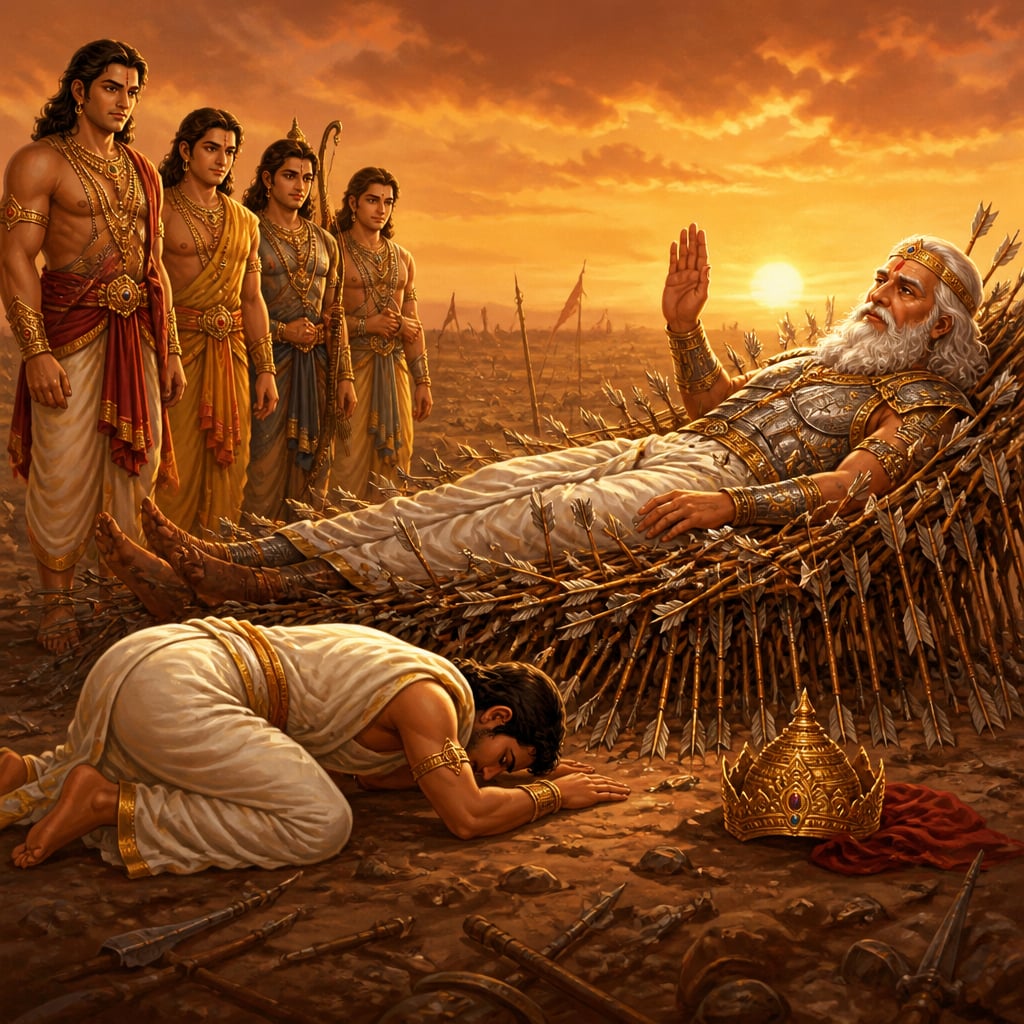 Yudhishthira lies prostrate on the earth before Bhishma serene on his bed of arrows.