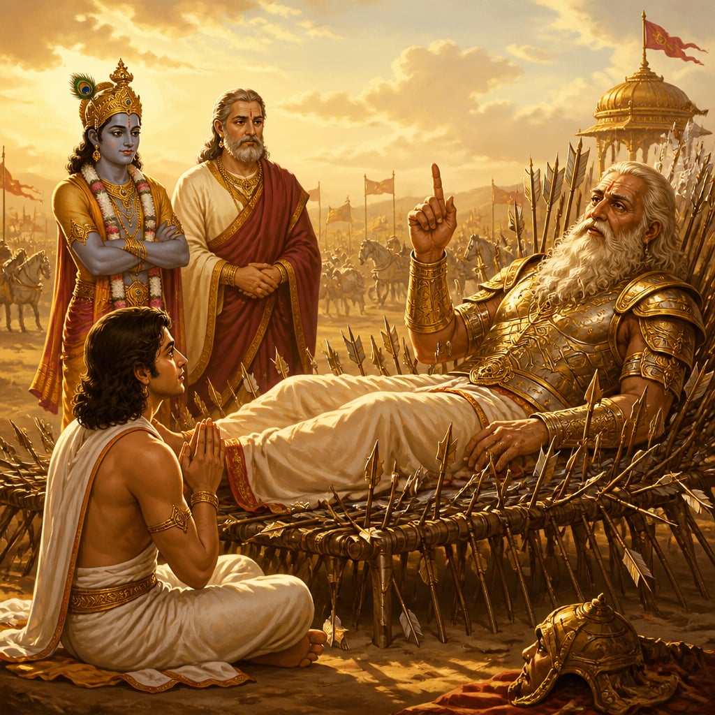 Bhishma raises one finger from his arrow-bed as he enumerates the seven limbs of the state to Yudhishthira.