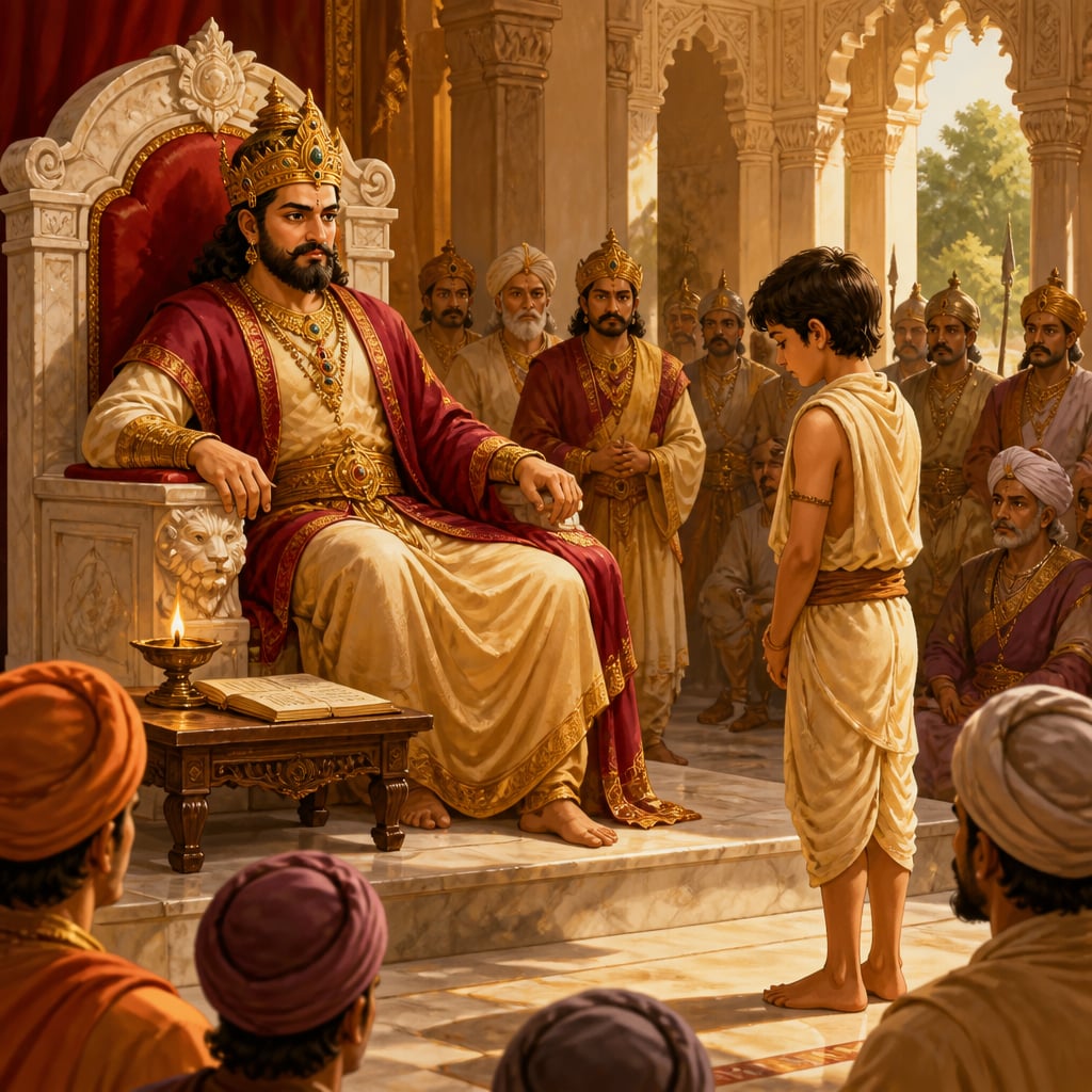 King Mandhatri delivers equal justice from his marble dais as his own prince son stands humbly before him for punishment.