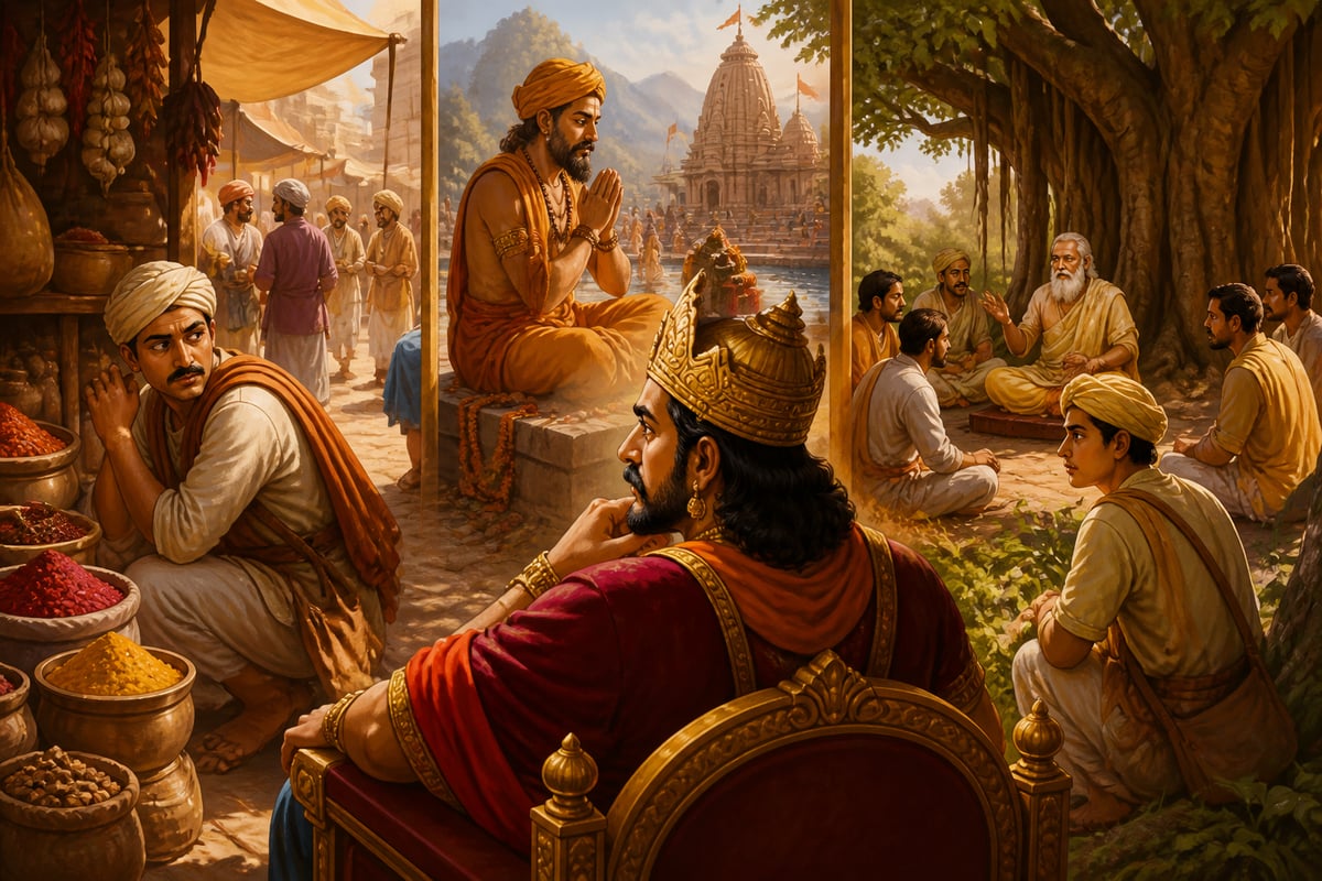 The king's spies disguised as merchant, ascetic, and student