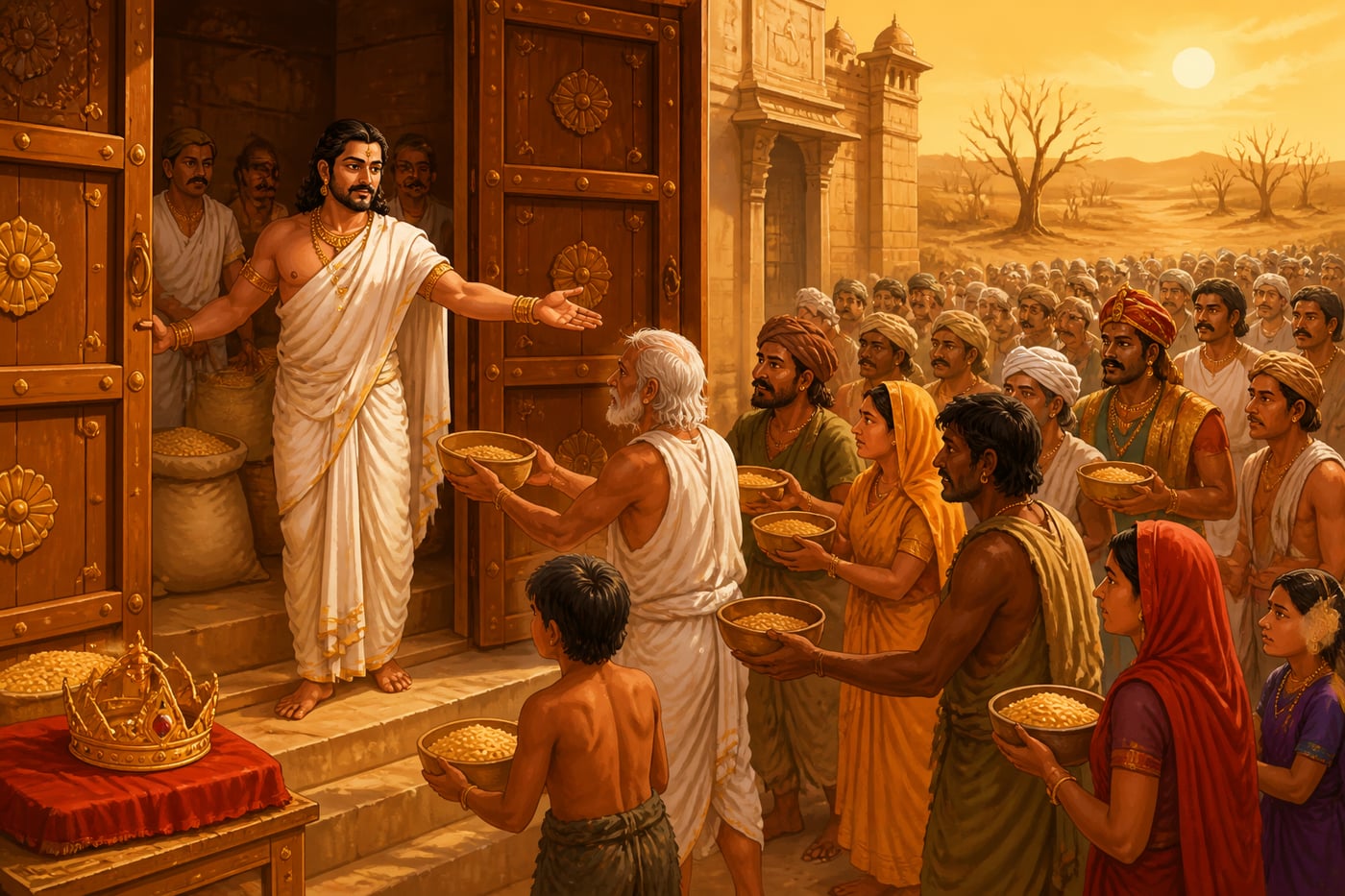 King Saudasa opening the royal granaries to all alike during drought