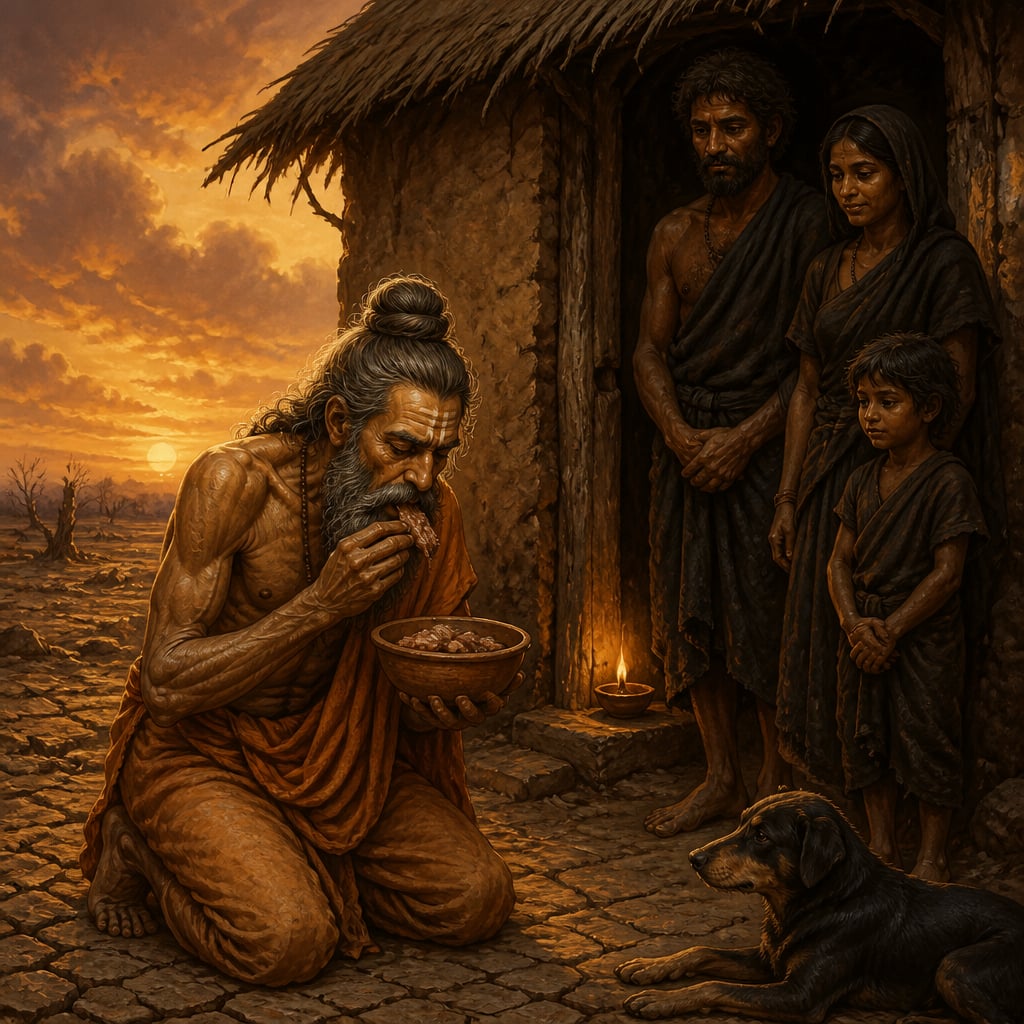 The starved sage Vishvamitra kneels at twilight outside a chandala hut, accepting a clay bowl of dog meat to survive.