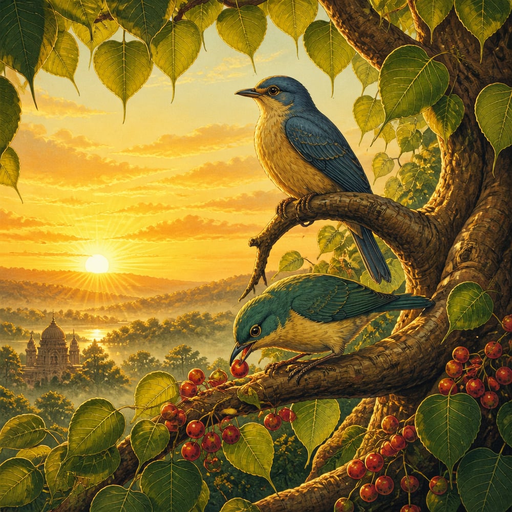 Two birds rest on a single peepul branch, one eating the fruit below while the other watches calmly above.