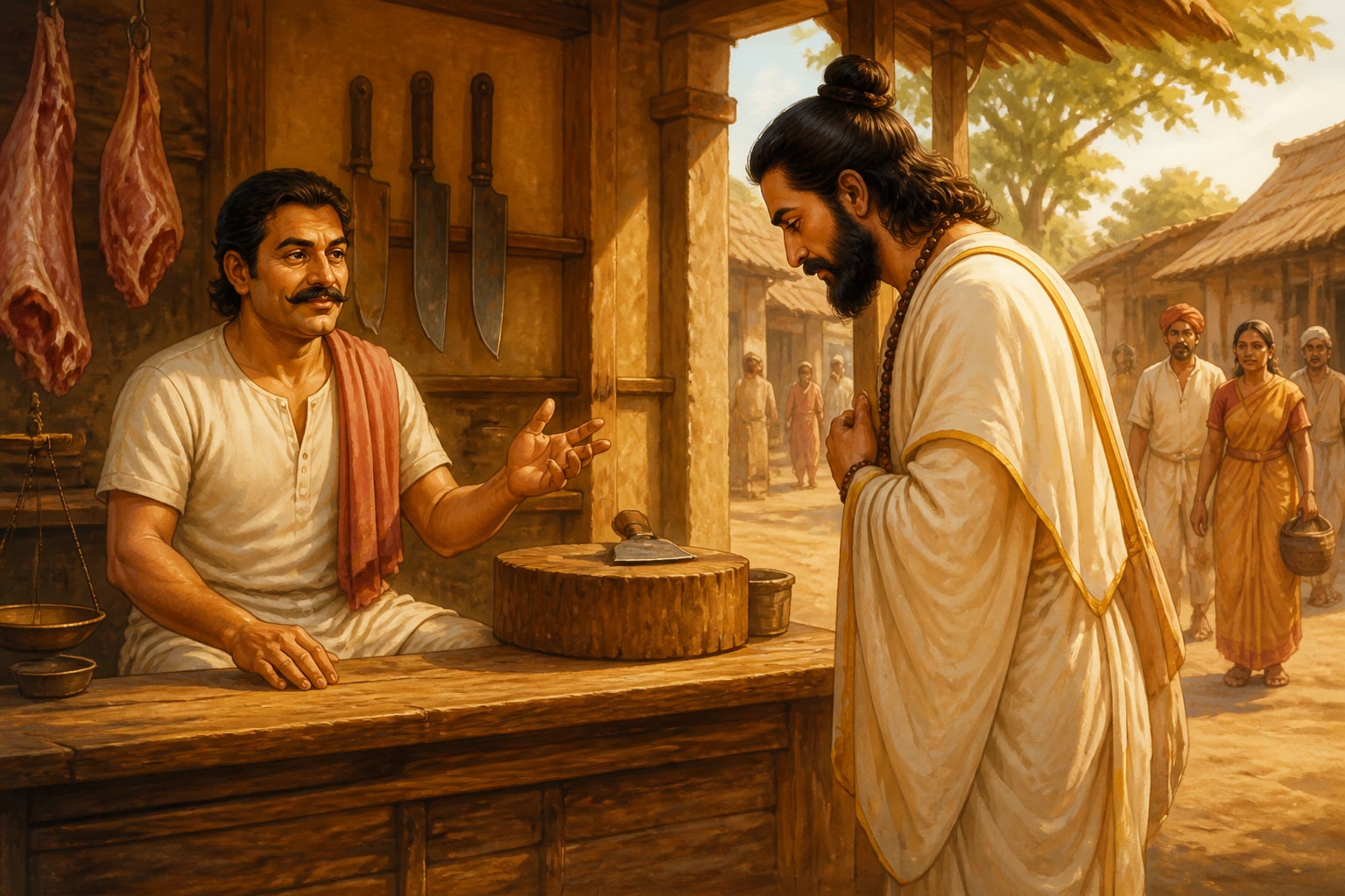 Dharmavyadha the butcher teaching the proud brahmin Kaushika