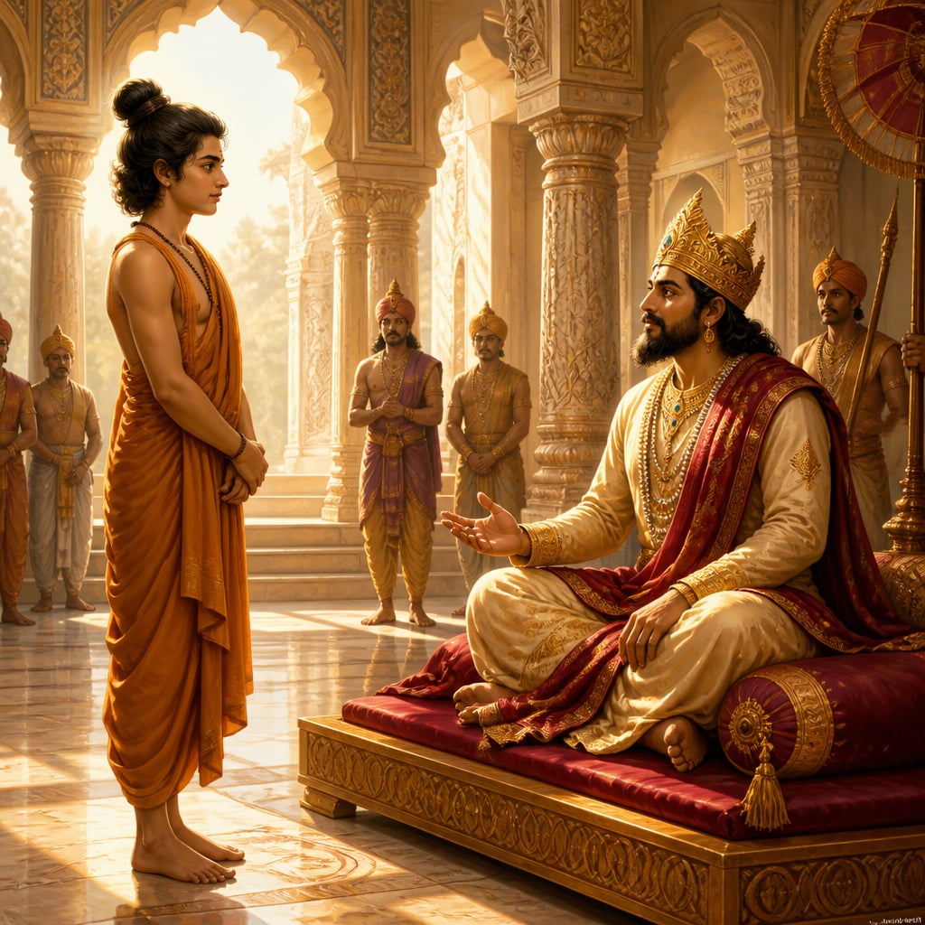 The young ascetic Shuka stands before King Janaka on his cushioned dais in the grand audience hall of Videha.
