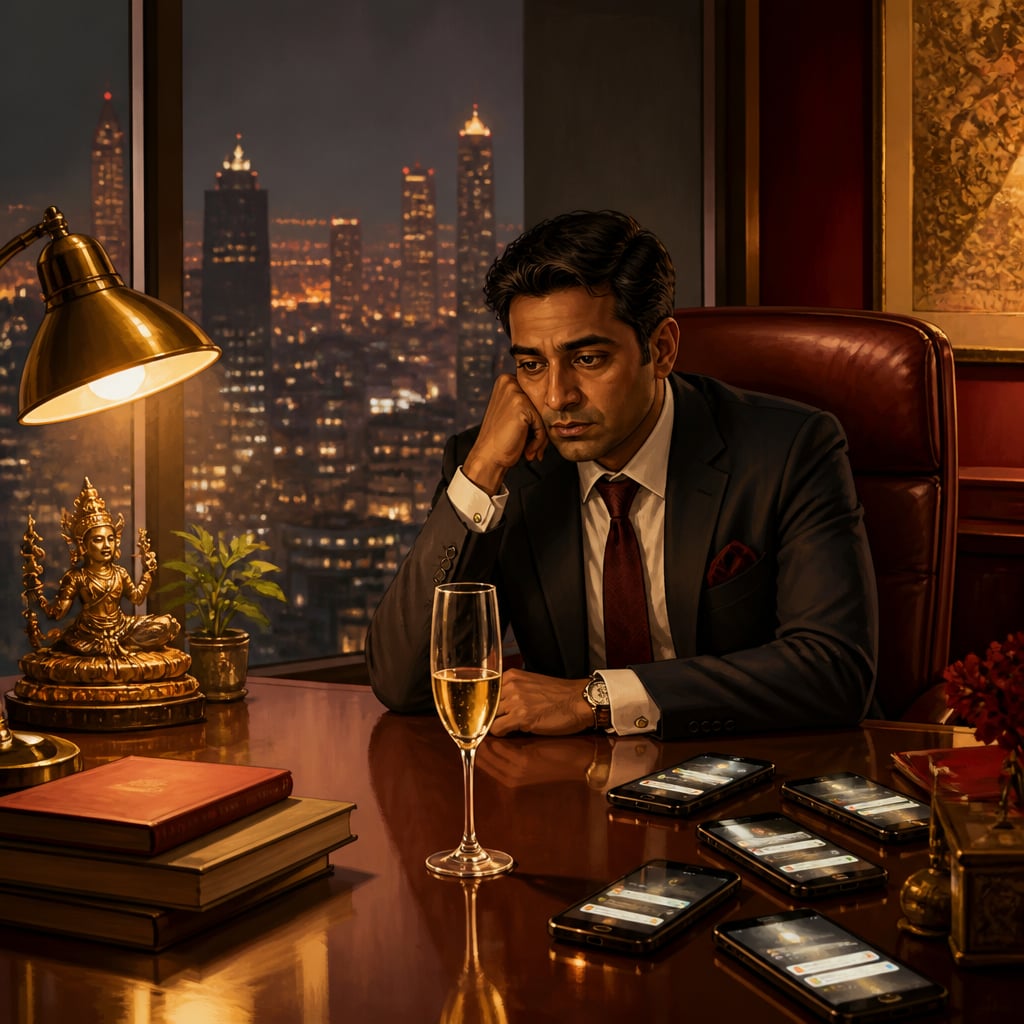 A weary modern Indian CEO sits alone at deep night in his glass-walled corner office after a major victory.