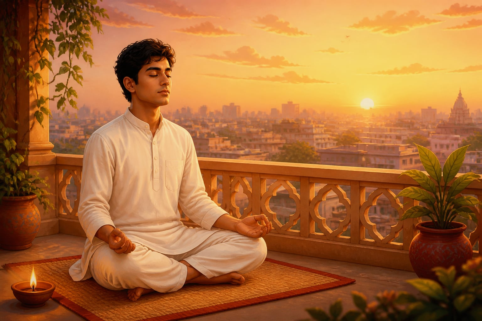 A modern seeker meditating quietly on a balcony at dawn