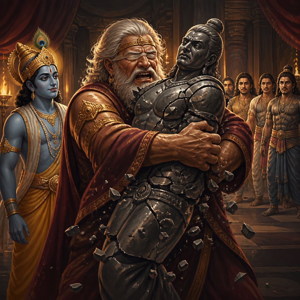 Dhritarashtra crushes an iron statue of Bhima in his arms as Krishna watches and the Pandavas stand frozen in the lamp-lit hall.