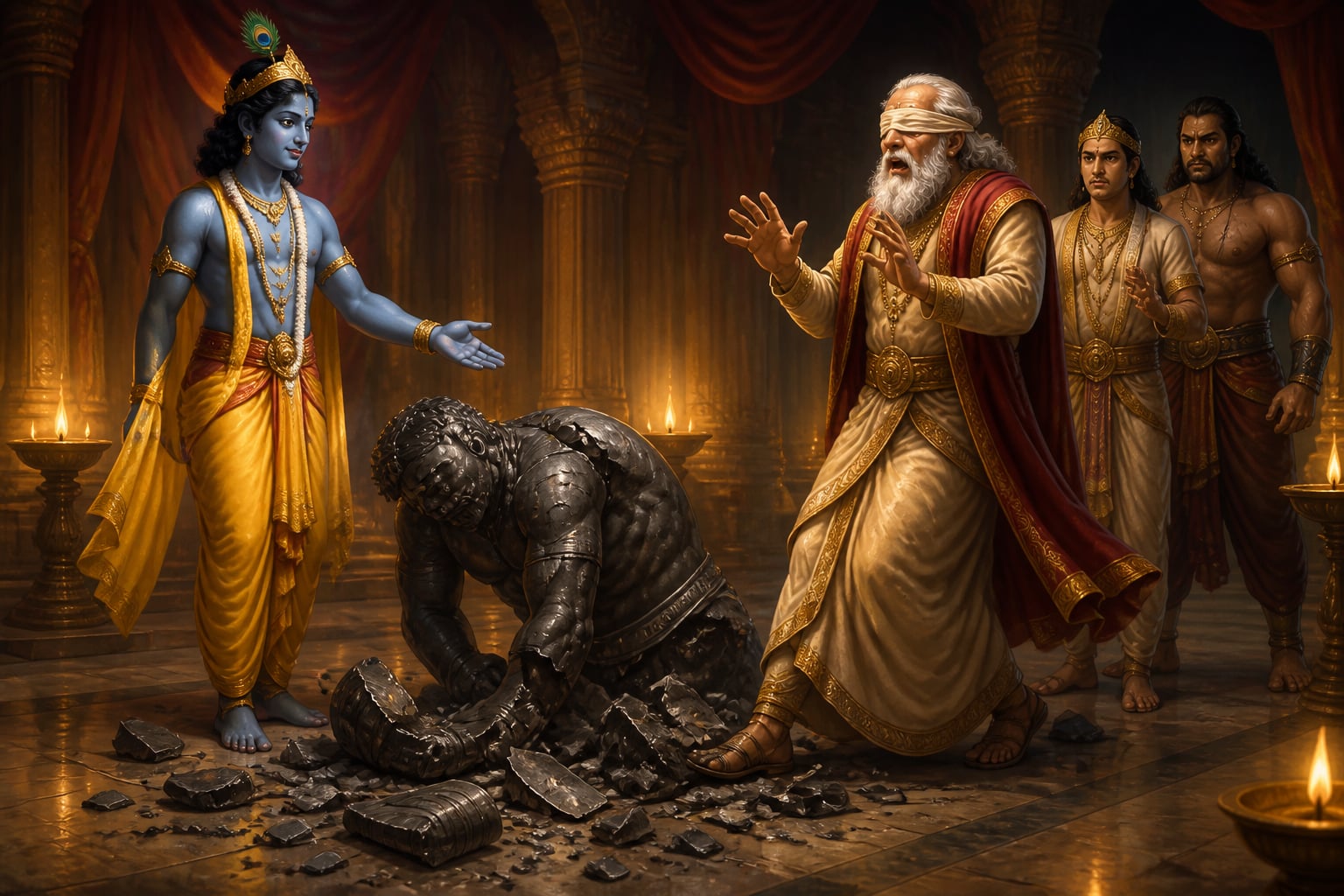 Krishna gently reveals to Dhritarashtra that the crushed Bhima was iron