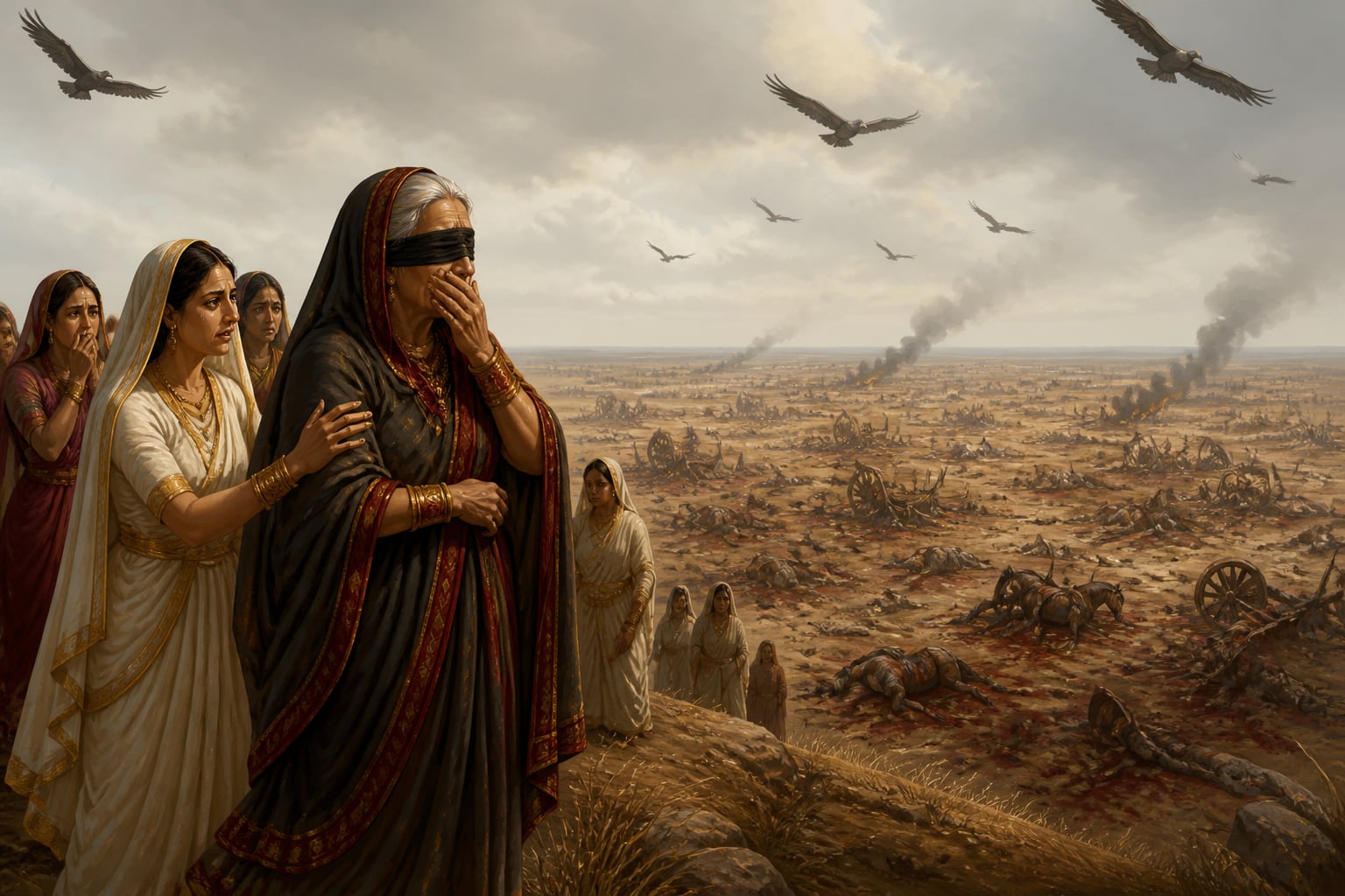 The procession crests a hill and beholds Kurukshetra's field of dead