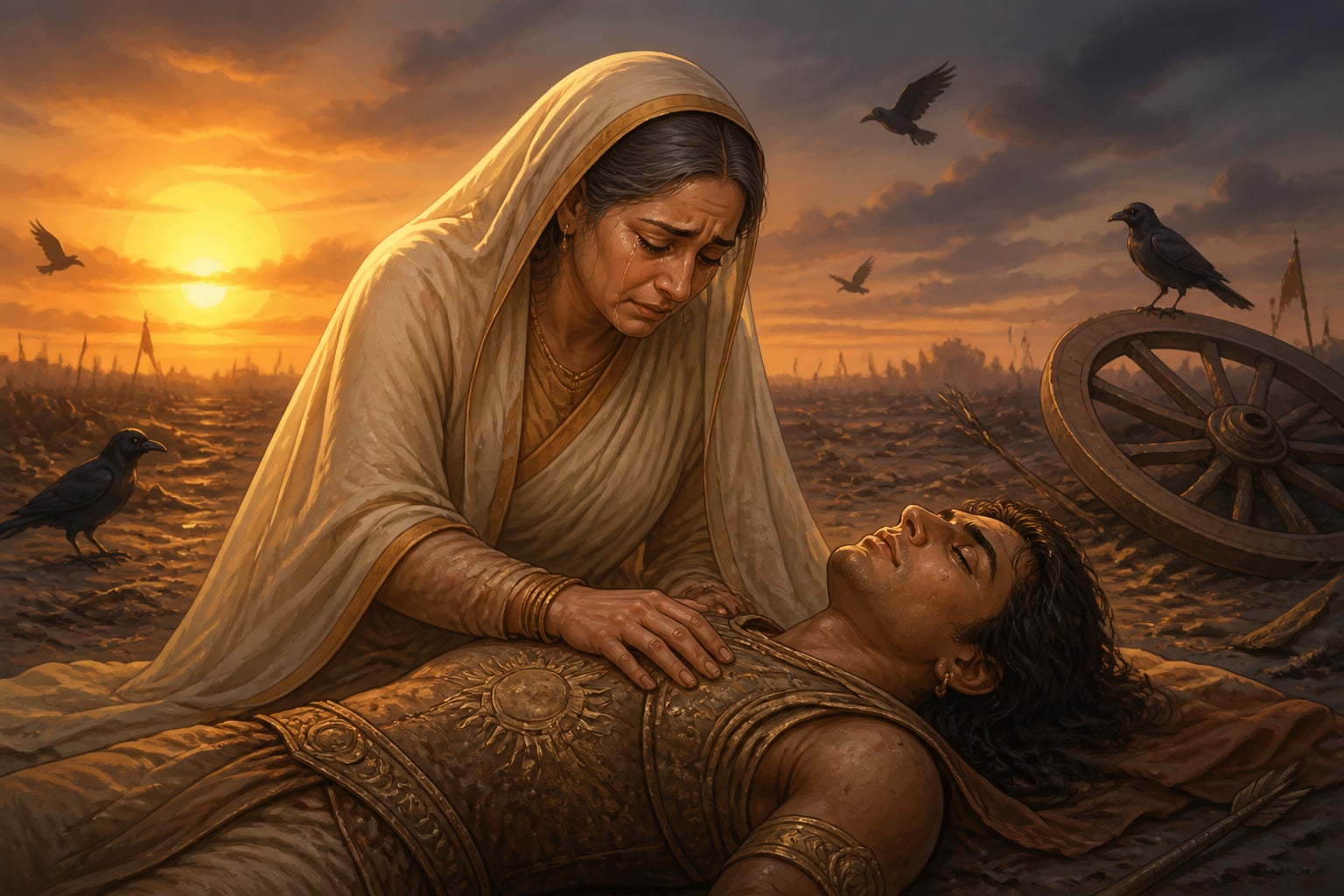 Kunti weeps secretly beside Karna's body, her firstborn unrevealed