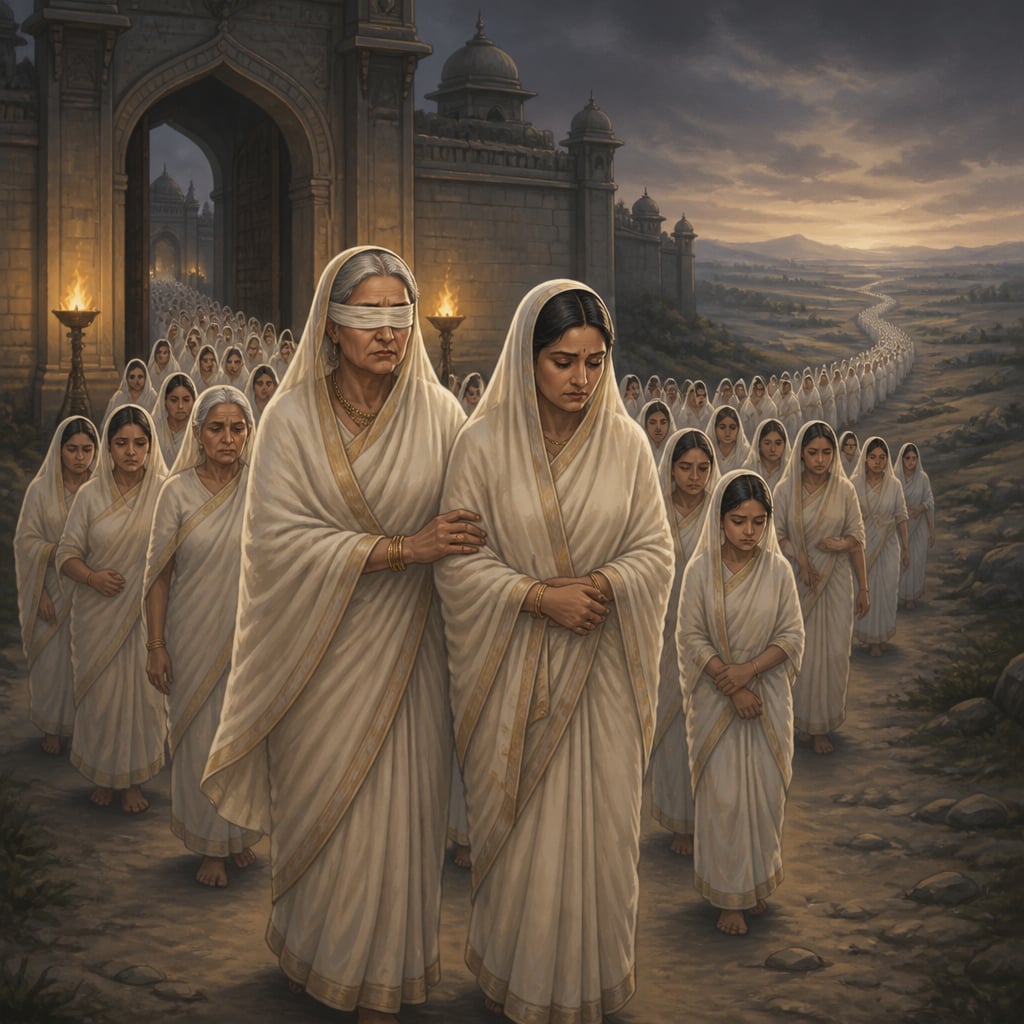 A procession of women in white mourning saris flows out of Hastinapura at pre-dawn, Gandhari and Kunti leading on the road to Kurukshetra.