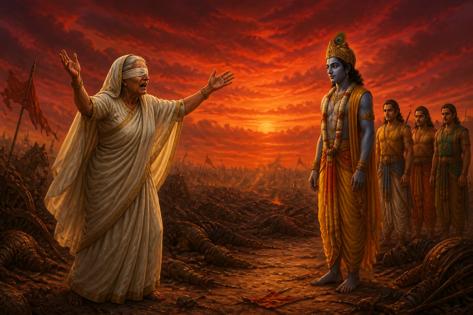 Gandhari raises her arms in fierce accusation against Krishna