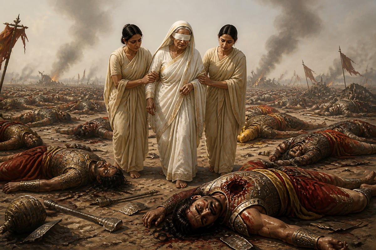 Attendants lead the blindfolded Gandhari among the rows of her dead sons