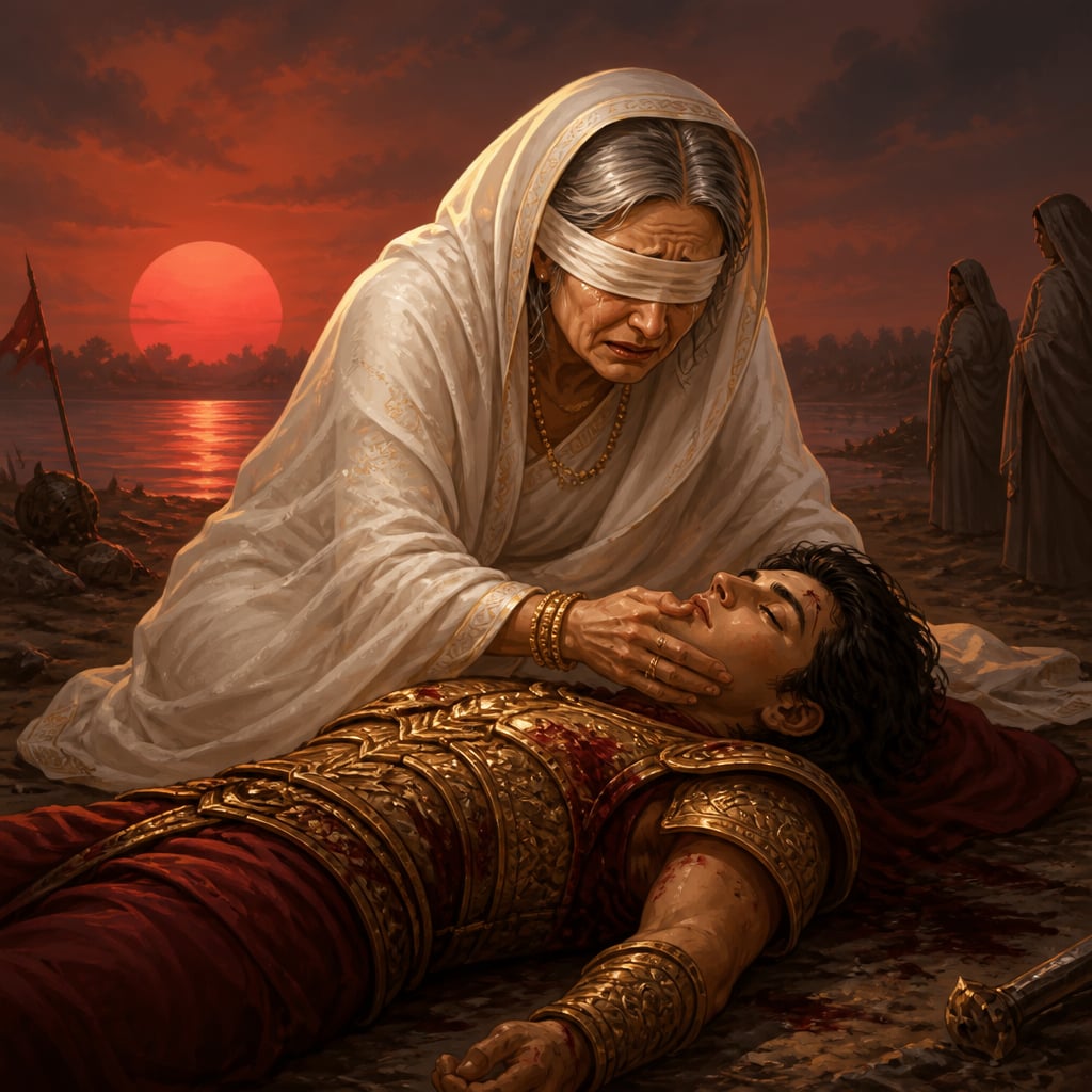 Gandhari kneels alone in white mourning sari beside Duryodhana's body at the battlefield's edge, the lake glinting behind her as the sun sets low.