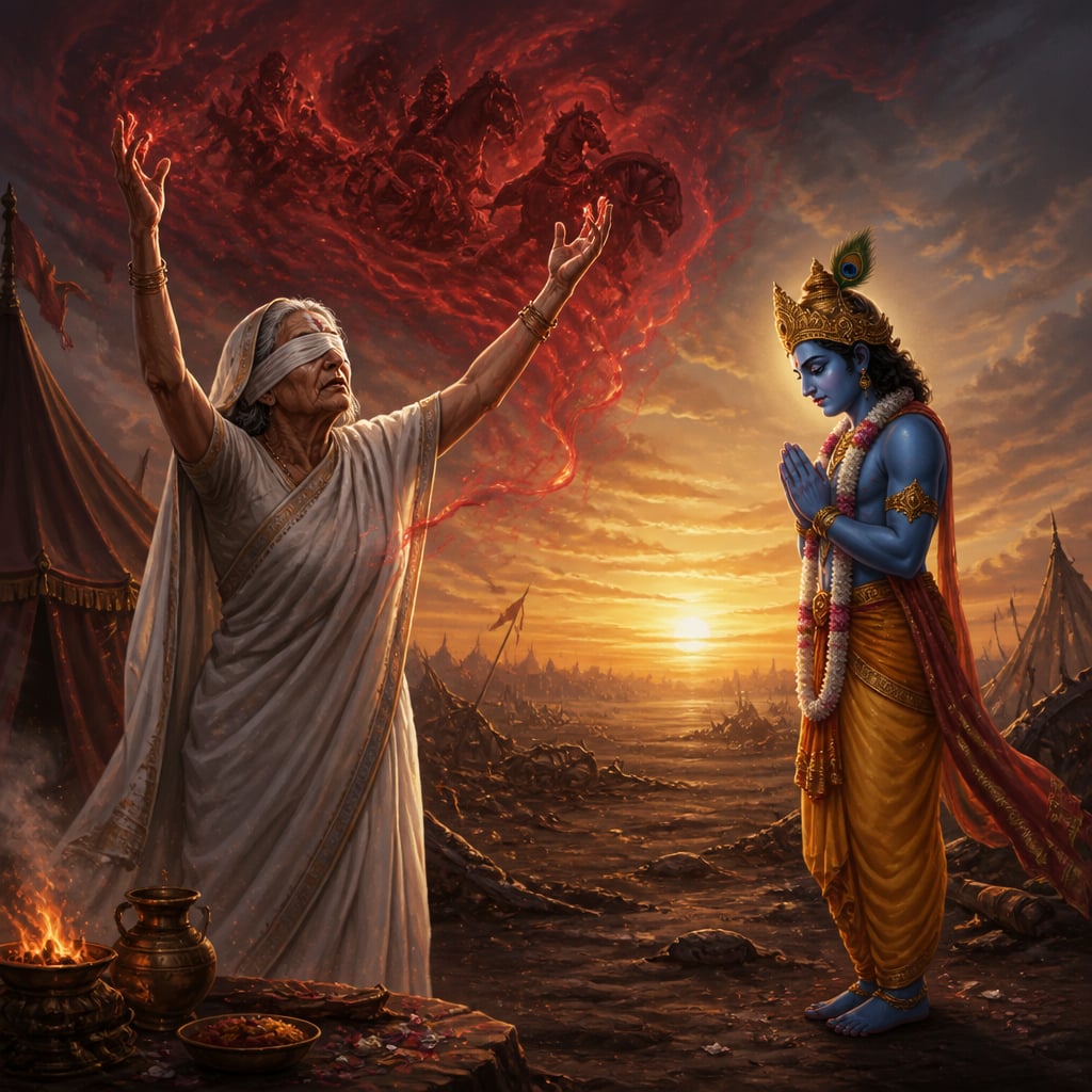 Blindfolded Gandhari raises both hands toward the dawn sky in ritual invocation as Krishna stands serene three paces away with palms joined.