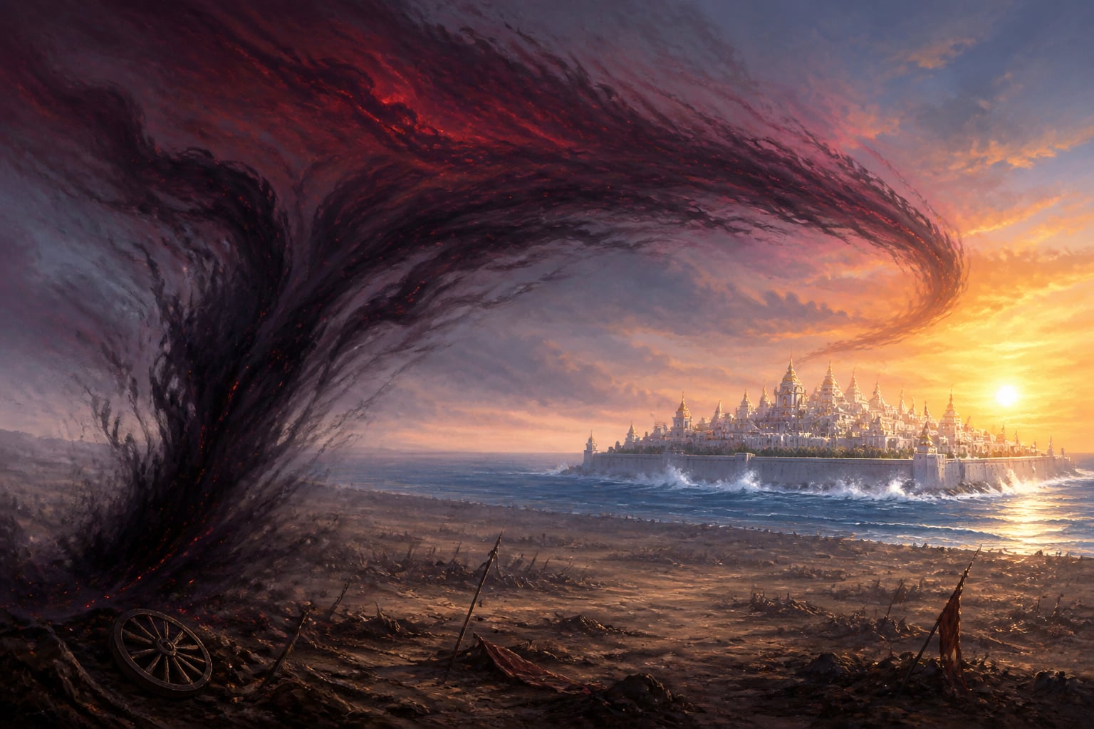 Gandhari's curse manifest as dark force flying across the sky toward Dwaraka