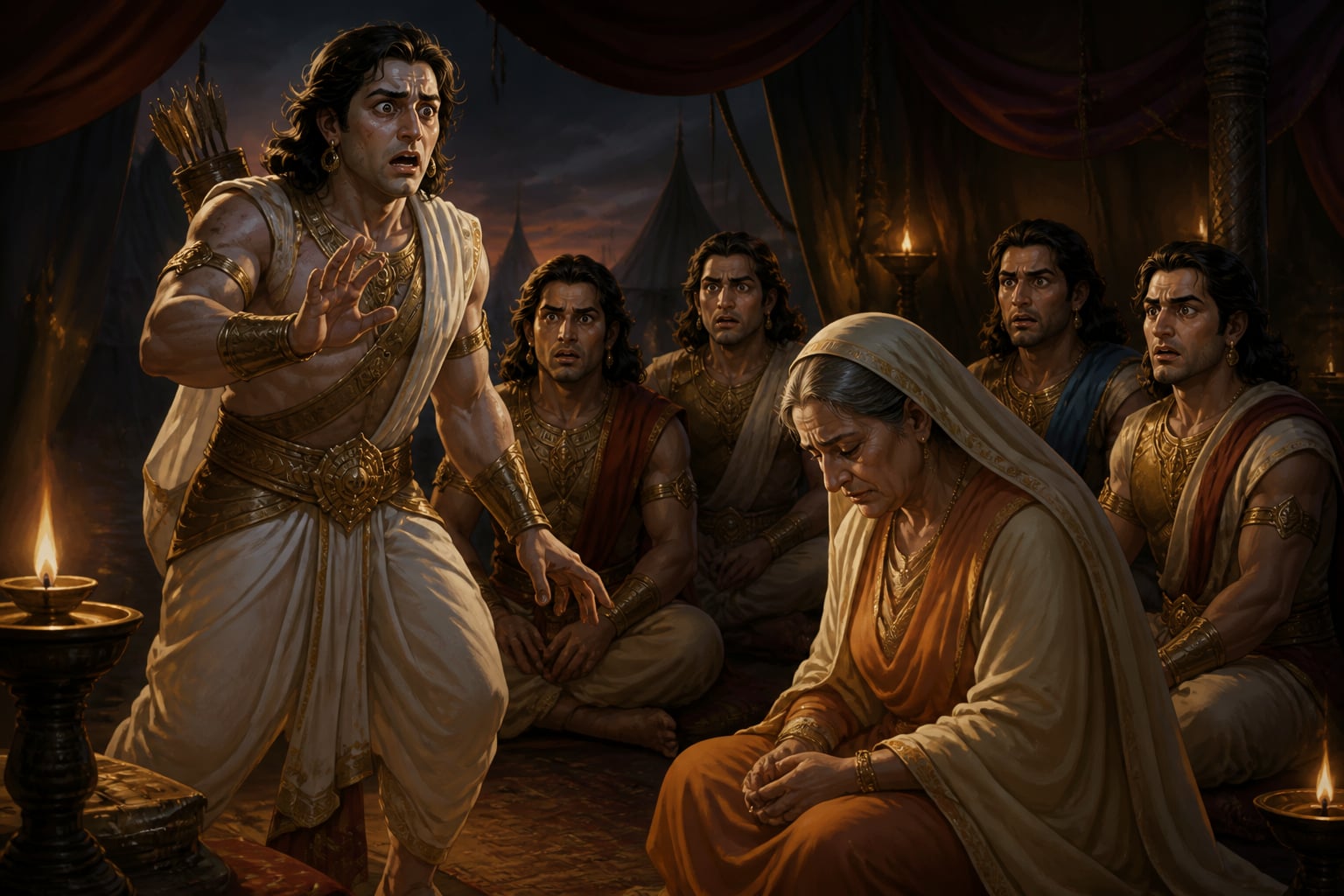 Arjuna stands shaking in horror as Kunti's secret strikes him
