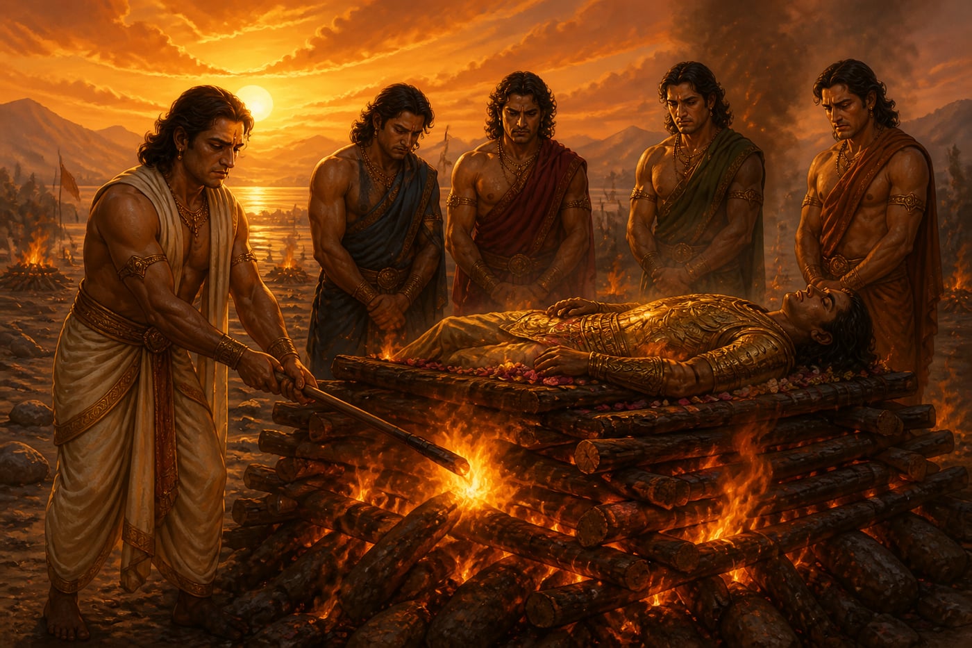 Yudhishthira lights Karna's funeral pyre as the sun-god's son returns to fire