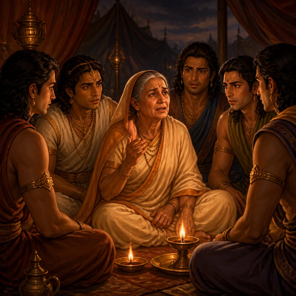 Kunti sits cross-legged in a lamp-lit camp circle with her five Pandava sons gathered close, her trembling hand half lifted as she names Karna.