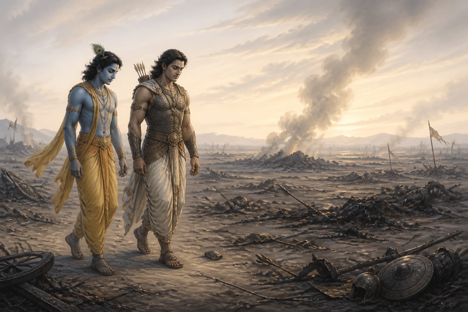 Krishna and Arjuna walk the now-empty battlefield as life moves on