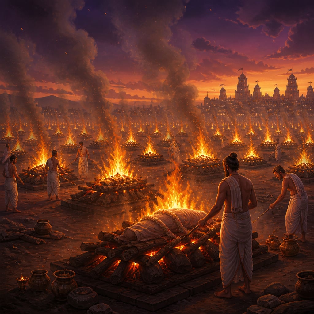 Countless funeral pyres burn across the wide Kurukshetra plain at deep twilight, sandalwood smoke curling upward against the violet evening sky.