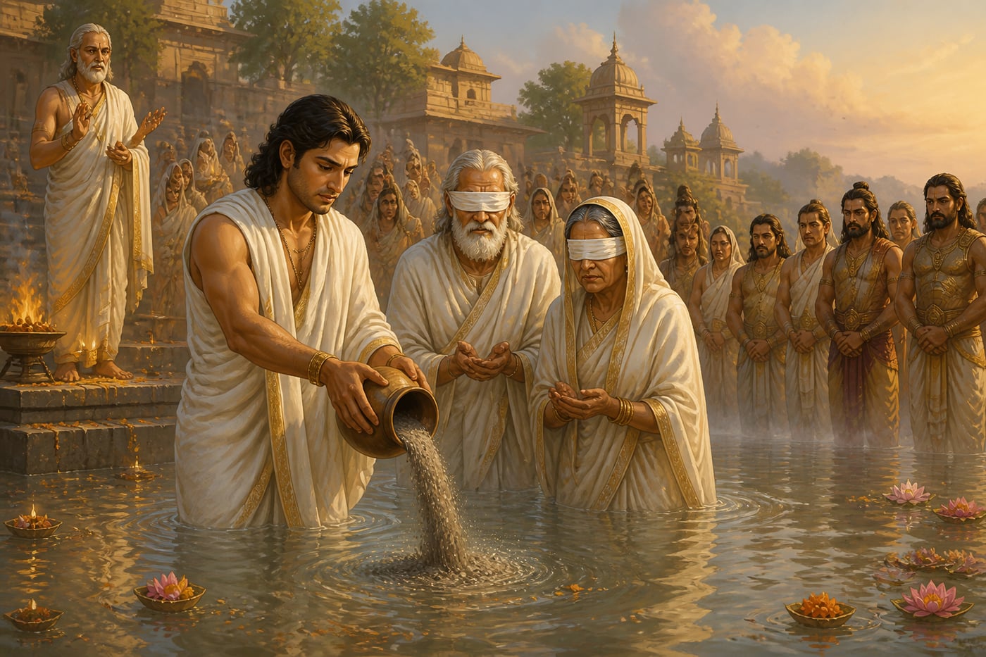 Royal mourners perform tarpana water rites waist-deep in the Ganga