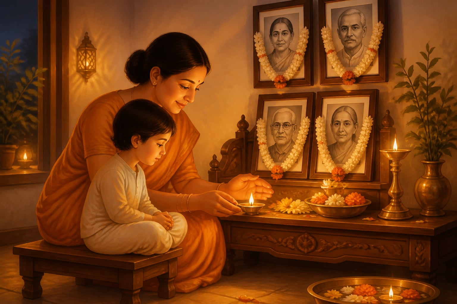 A mother and child light an oil lamp at the household ancestor shrine