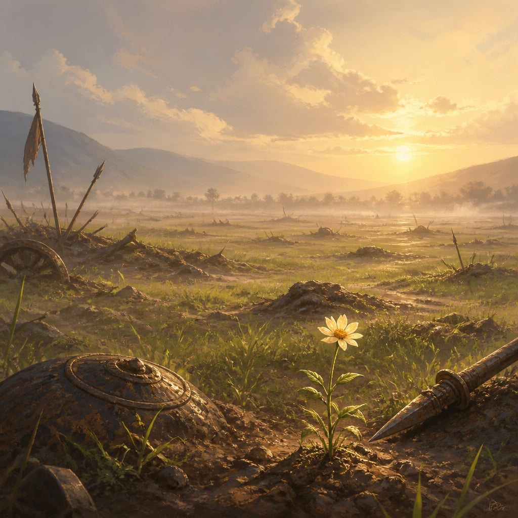 The vast plain of Kurukshetra at dawn many seasons after the war, fresh green grass over the worn ground, a single wildflower blooming in the foreground dust.