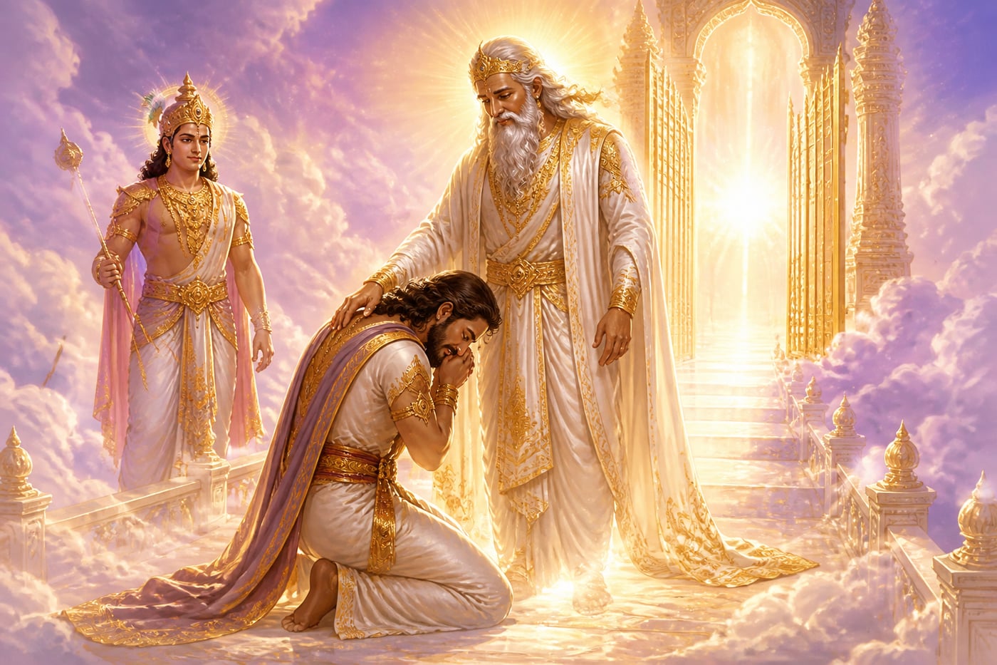 Yudhishthira on his knees before the revealed form of Dharma