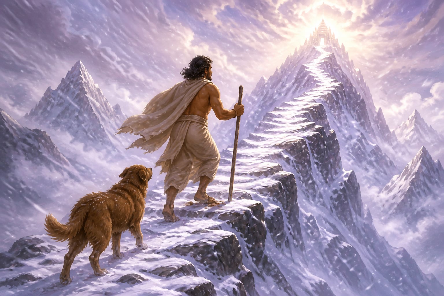 Yudhishthira and the loyal dog ascending the icy summit of Mount Meru