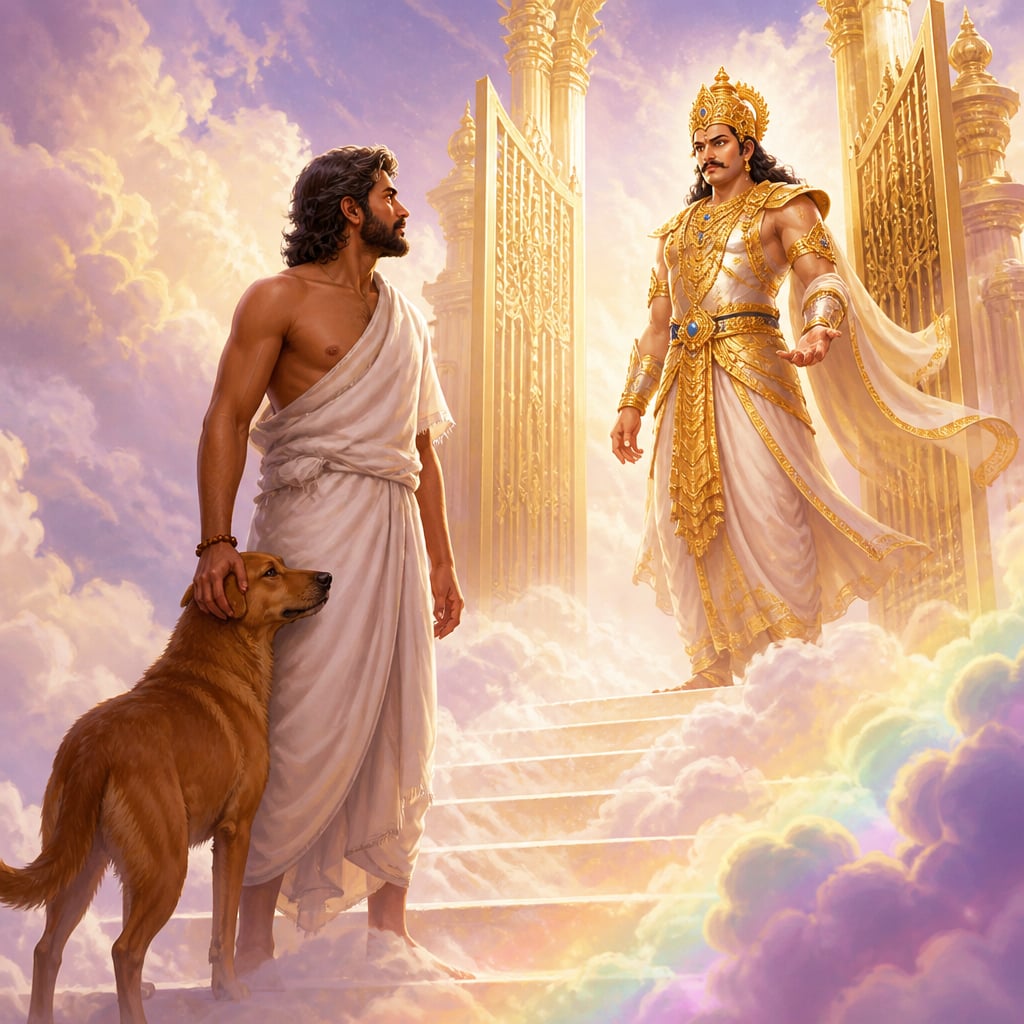 Yudhishthira stands firm with his hand on the loyal dog as Indra waits before the open gates of heaven.